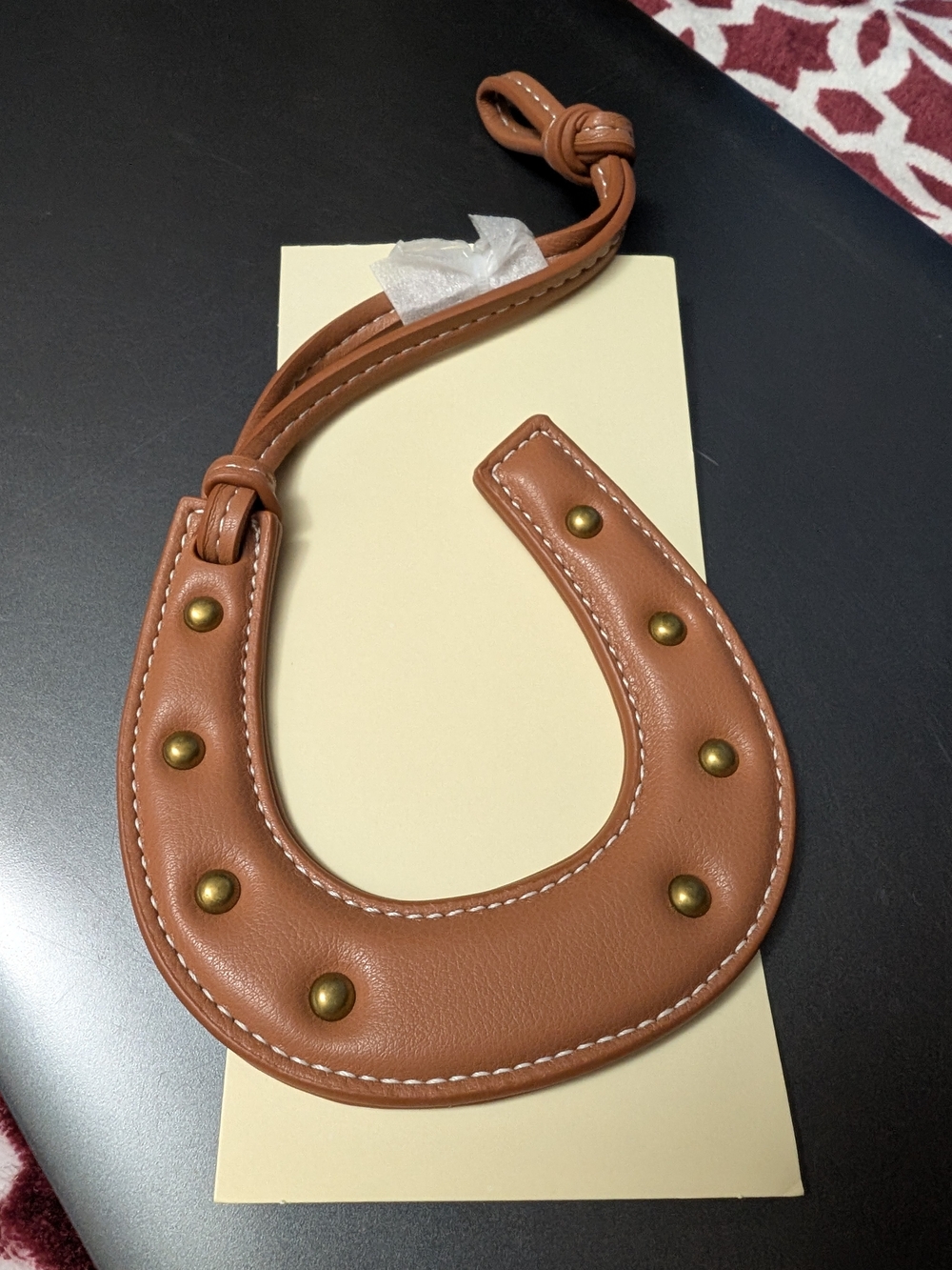 No Boundaries Tan Leather Horseshoe Key/Charm with Brass Studs NWT